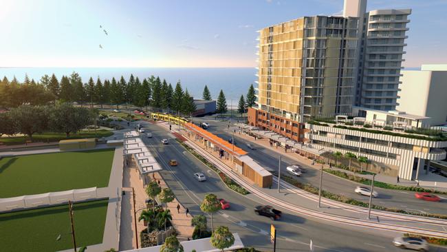 Updated artist impression of Gold Coast Light Rail Stage 3 between Broadbeach and Burleigh Heads. Picture: Supplied