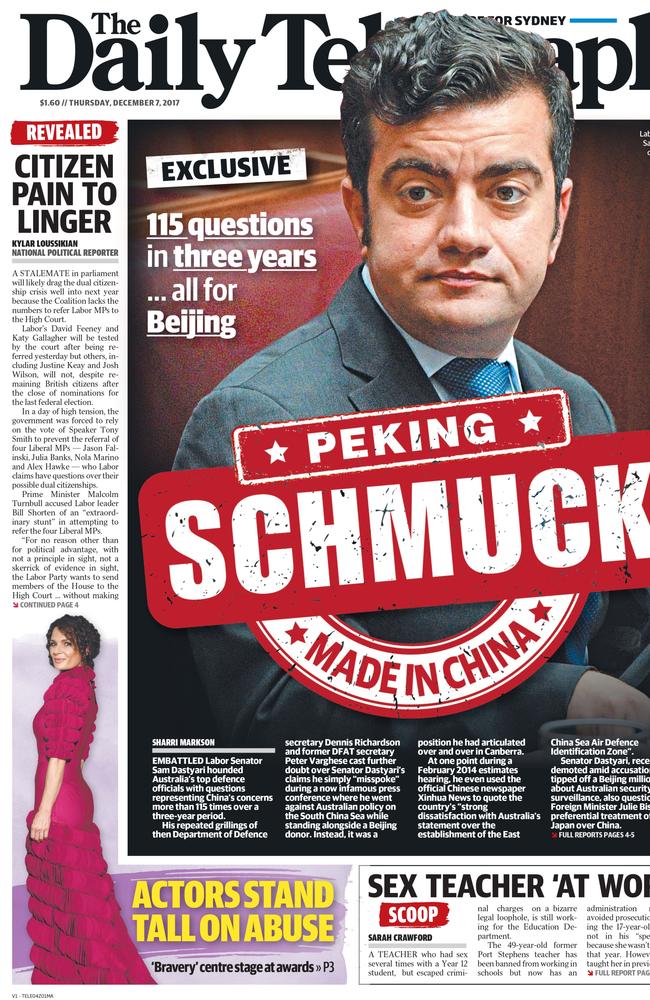 The Daily Telegraph revealed Dastyari asked 115 questions about South China Sea to Defence bosses.