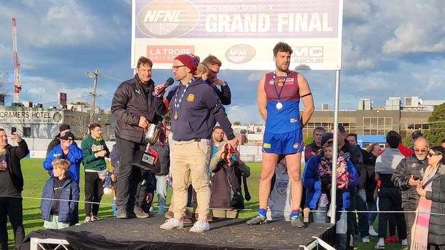 Banyule coach Paul Harris addresses the crowd. Picture: Ben Higgins