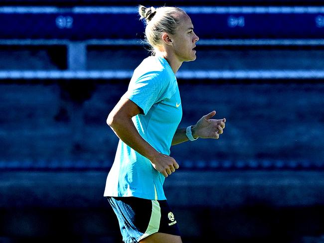 BRISBANE, AUSTRALIA - JULY 19: Tameka Yallop of the Matildas runs during a Australia Matildas Training Session ahead of the FIFA Women's World Cup Australia & New Zealand 2023 at Queensland Sport and Athletics Centre on July 19, 2023 in Brisbane, Australia. (Photo by Bradley Kanaris/Getty Images)