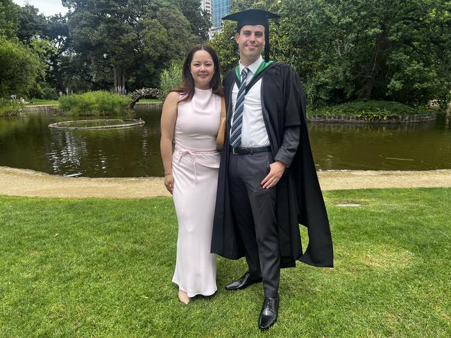 Dr Emma Pham (Doctor of Dental Surgery) and Max Burrows (Master of Instructional Leadership) at the University of Melbourne graduations held at the Royal Exhibition Building on Saturday, December 14, 2024. Picture: Jack Colantuono