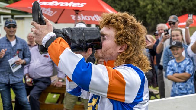 Larrikin jockey Thomas Doyle and his famous mullet. Picture: Rob Burnett Photography