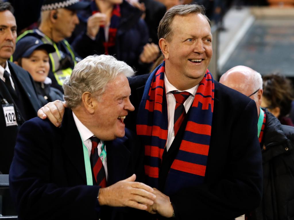 MELBOURNE, AUSTRALIA - SEPTEMBER 07: Geoff Freeman, Vice Chairman of the Demons (left) and Glen Bartlett, Chairman of the Demons celebrate after the clubs first finals win in 12 years during the 2018 AFL First Elimination Final match between the Melbourne Demons and the Geelong Cats at the Melbourne Cricket Ground on September 07, 2018 in Melbourne, Australia. (Photo by Adam Trafford/AFL Media/Getty Images)