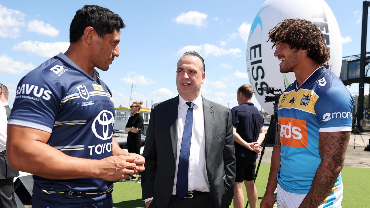 SYDNEY, AUSTRALIA - MARCH 04: ARL Chairman Peter V'landys talks to Jason Taumalolo of the Cowboys and Kevin Proctor of the Titans during the 2021 NRL Premiership Season Launch at White Bay Cruise Terminal on March 04, 2021 in Sydney, Australia. (Photo by Cameron Spencer/Getty Images)