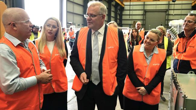 Prime Minister Scott Morrison visits electrical engineering company Ampcontrol with local Liberal candidates Brooke Vitnell and Nell McGill. Picture: Adam Taylor