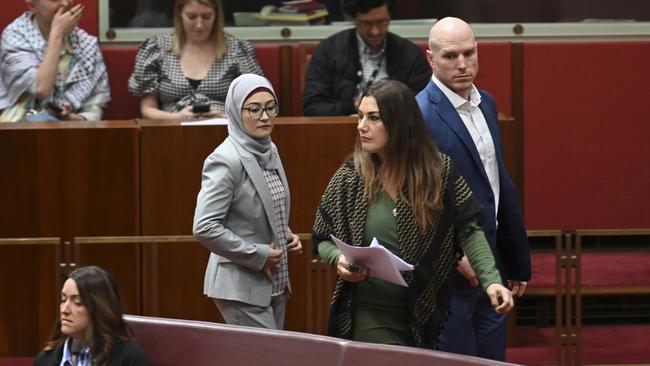 Fatima Payman crosses the floor to support a Greens motion on Palestine. Picture: NewsWire/Martin Ollman