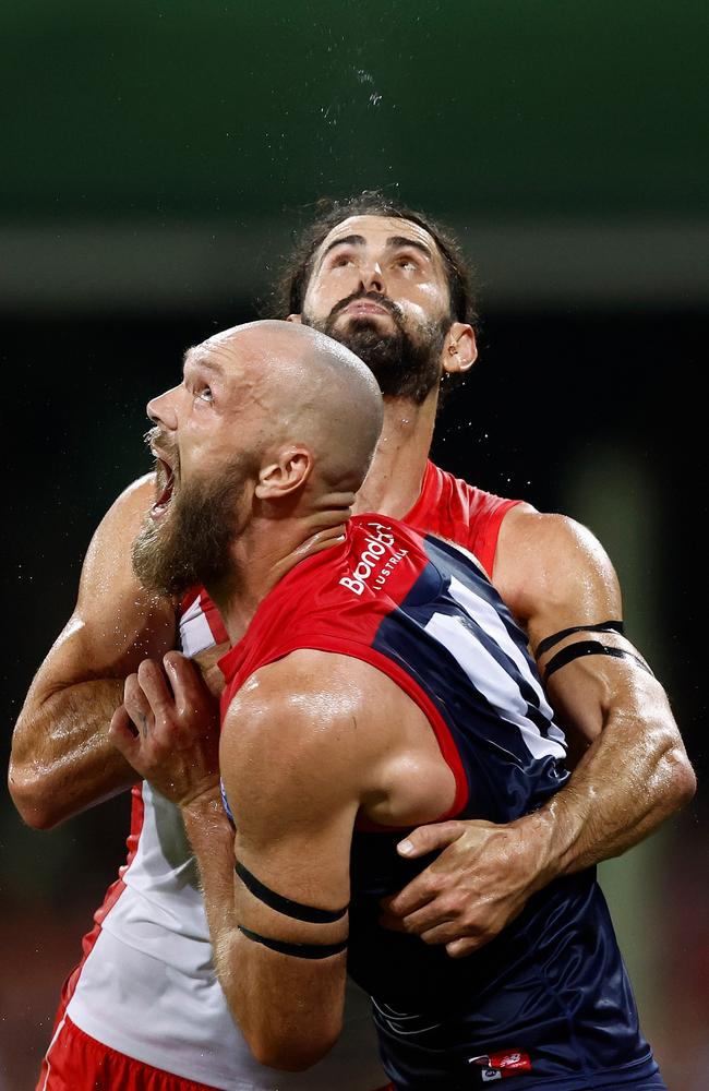 Max Gawn had his colours lowered by former teammate Brodie Grundy. Picture: Michael Willson/AFL Photos via Getty Images