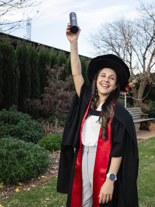 Doctor of Philosophy graduate Stephanie Frade at a UniSQ graduation ceremony at Empire Theatres, Wednesday, June 28, 2023. Picture: Kevin Farmer