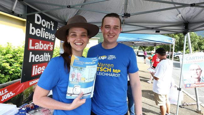 Marinka Zanetich and Joshua Auld hand out how to vote cards at Redlynch State College during the 2019 federal election campaign. Picture: Peter Carruthers