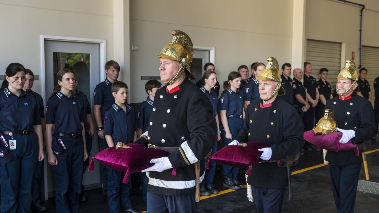 Following the colour party are (from left) Inspector Neil Fanning, Paul Storey and Lester Naumann at the conclusion of the Firefighters Remembrance Day service are (from left) at Kitchener Street Fire Station, Sunday, October 10, 2021. Picture: Kevin Farmer