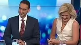 The Project hosts Waleed Aly and Sarah harris react to a joke about Jesus by Reuben Kaye. Picture: The Project/Channel 10