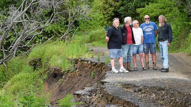 FIX OUR ROADS: Residents Murray Ings, John Sheldon, Ian Hooper, Gary Ryab and Michael Langham are calling on Lismore City Council to repair unsafe roads in the Jiggi-Georgica area, including landslide-ravaged Oakey Creek Rd. Picture: Marc Stapelberg