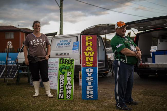 Fishmongers Trish and Tony Rose sell seafood every Wednesday though Sunday from their vans on the Princes Highway in Narooma, NSW. Picture by Sean Davey