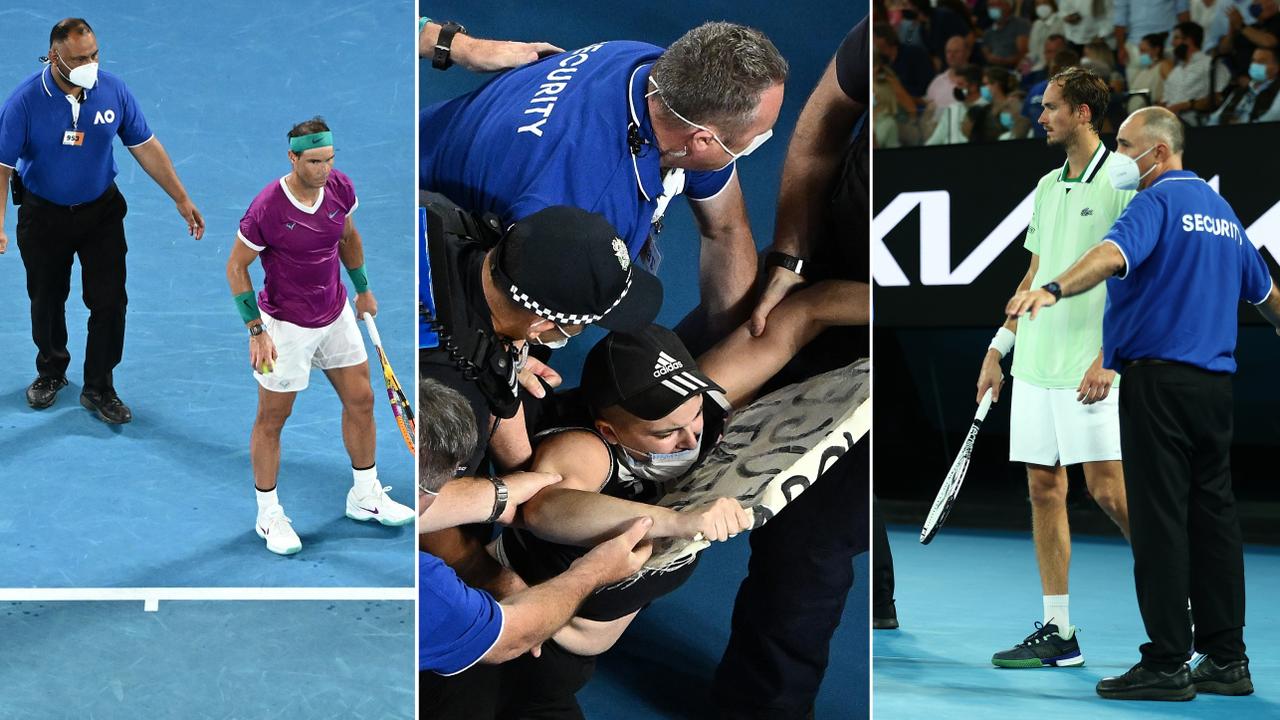 A protestor halted the match between Rafael Nadal and Daniil Medvedev.