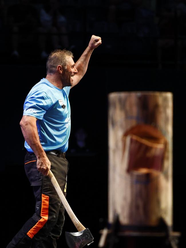 Brad De Losa celebrates victory in the Stihl Timbersports Australian Trophy grand final. Picture: Brendan Radke