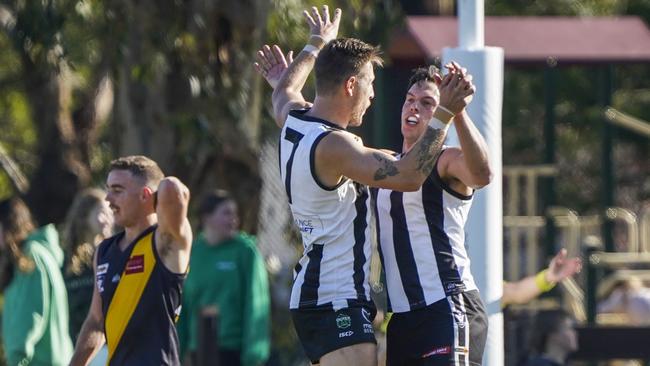 Outer East: Narre Warren players celebrate a goal. Picture: Valeriu Campan