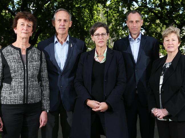 L-R Peg Putt former Tasmanian Greens leader, Bob Brown former federal Greens leader, Cassy O'Connor Tasmanian Greens leader, Nick McKim former Tasmanian Greens leader, Christine Milne former federal Greens leader. Greens and environmentalists gather to discuss the proposed changes to forestry. Picture: NIKKI DAVIS-JONES