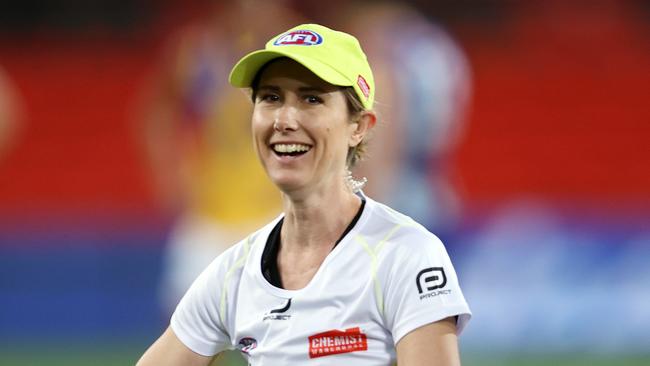 AFL Round 18. 17/09/2020.  North Melbourne vs West Coast Eagles at Metricon stadium, Gold Coast.   Goal umpire Chelsea Roffey . Pic: Michael Klein