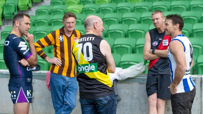 Cameron Smith in the company of AFL legends Michael Tuck, Kevin Bartlett, Dustin Fletcher and Brent Harvey. Picture: Mark Stewart