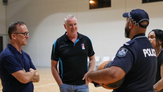 Cairns Police Detective senior sergeant Mick Gooiker and Cairns Basketball president Mark Beecroft at the first midnight basketball night. Picture: Jasmine Amis