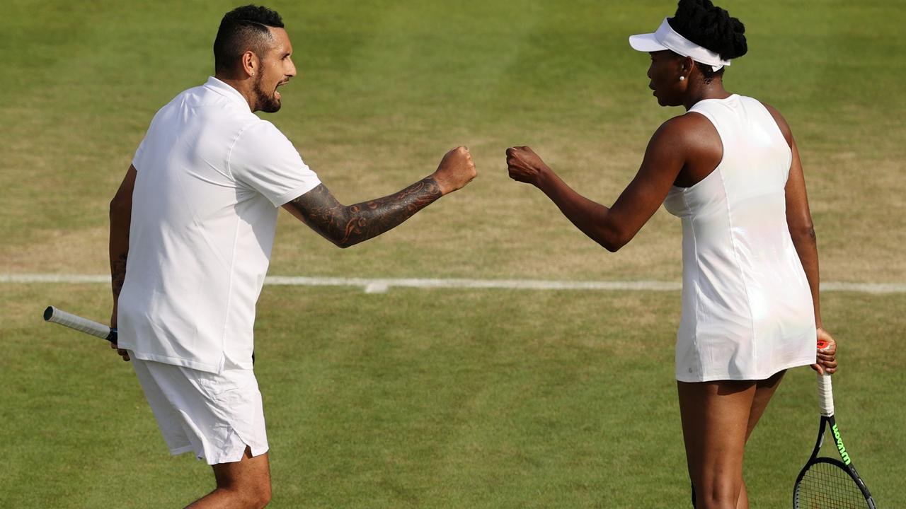 Venus Williams, pictured playing with Australia’s Nick Kyrgios in the Wimbledon mixed doubles, won’t be part of next month’s Australian Open. Picture: Getty Images
