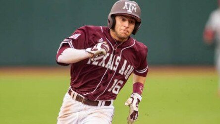 New Adelaide Bite recruit Mikey Reynolds running between the bases for Texas A&amp;M in the NCAA competition.