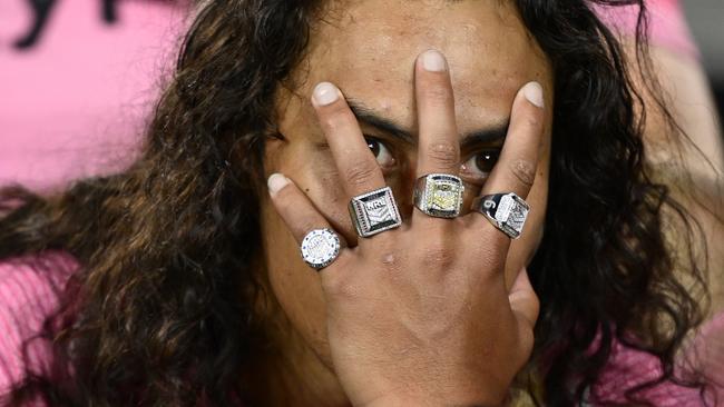 SYDNEY, AUSTRALIA - OCTOBER 06: Jarome Luai of the Panthers celebrates victory following the 2024 NRL Grand Final match between the Melbourne Storm and the Penrith Panthers at Accor Stadium on October 06, 2024, in Sydney, Australia. (Photo by Quinn Rooney/Getty Images)