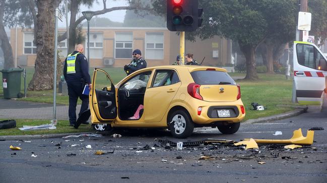 A 53-year-old woman died after her yellow hatchback collided with a bus in Geelong West in July this year. Picture: Alison Wynd