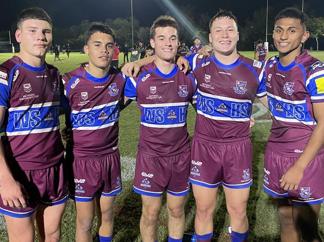 Wavell high players Charlie Dickson, Timahna Tandy, Mason Phillips, Maddox Goodwin and Sangster Figota after their Round 2 clash with Marsden State High. Picture: Andrew Dawson