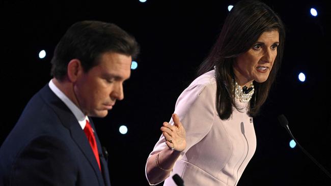 Republican presidential candidates Florida Governor Ron DeSantis and former UN ambassador Nikki Haley at the CNN Republican presidential primary debate in Sheslow Auditorium in Des Moines, Iowa, on Wednesday local time. Ms Haley appears the most likely challenger for the Republican nomination against polling leader Donald Trump. Picture: Getty Images via AFP