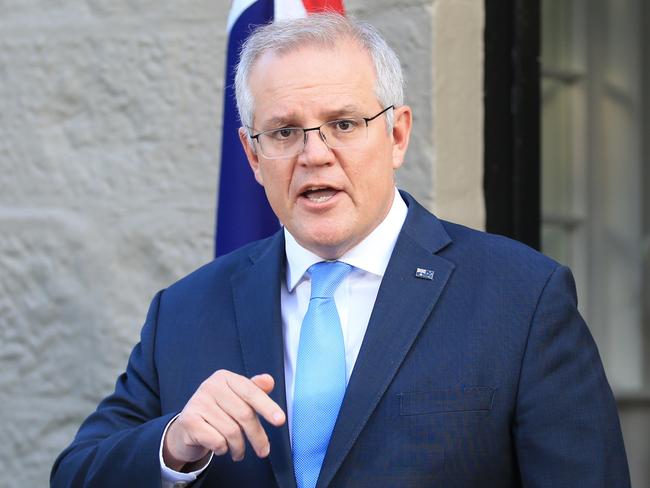 SYDNEY, AUSTRALIA - NewsWire Photos JULY 13, 2021 -  Australian Prime Minister Scott Morrison, NSW Premier Gladys Berejiklian, and NSW Treasurer Dominic Perrottet announce a business support package during a joint media conference at Kirribilli House in Sydney. Under a new combined support package, the COVID-19 Disaster Payment will be further expanded and increased across the state of NSW. The Commonwealth and NSW will also enter into a new 50/50 cost sharing arrangement for a new business support payment to be implemented and administered by NSW. Today NSW recorded 89 new cases of Covid -19 in Sydney. Picture: NCA NewsWire / Christian Gilles