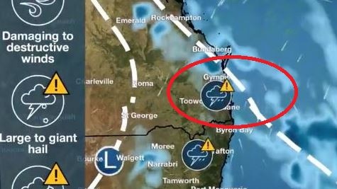 Gympie is central to a large area where severe storms are likely to hit today and tomorrow. This image shows the threat on Wednesday morning. Photo: Captured courtesy of BOM