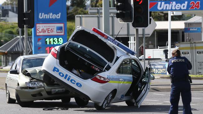 A Tasmania Police car was involved in a collision at the intersection of the Brooker Highway and Derwent Park Rd, Derwent Park. Picture: NIKKI DAVIS-JONES