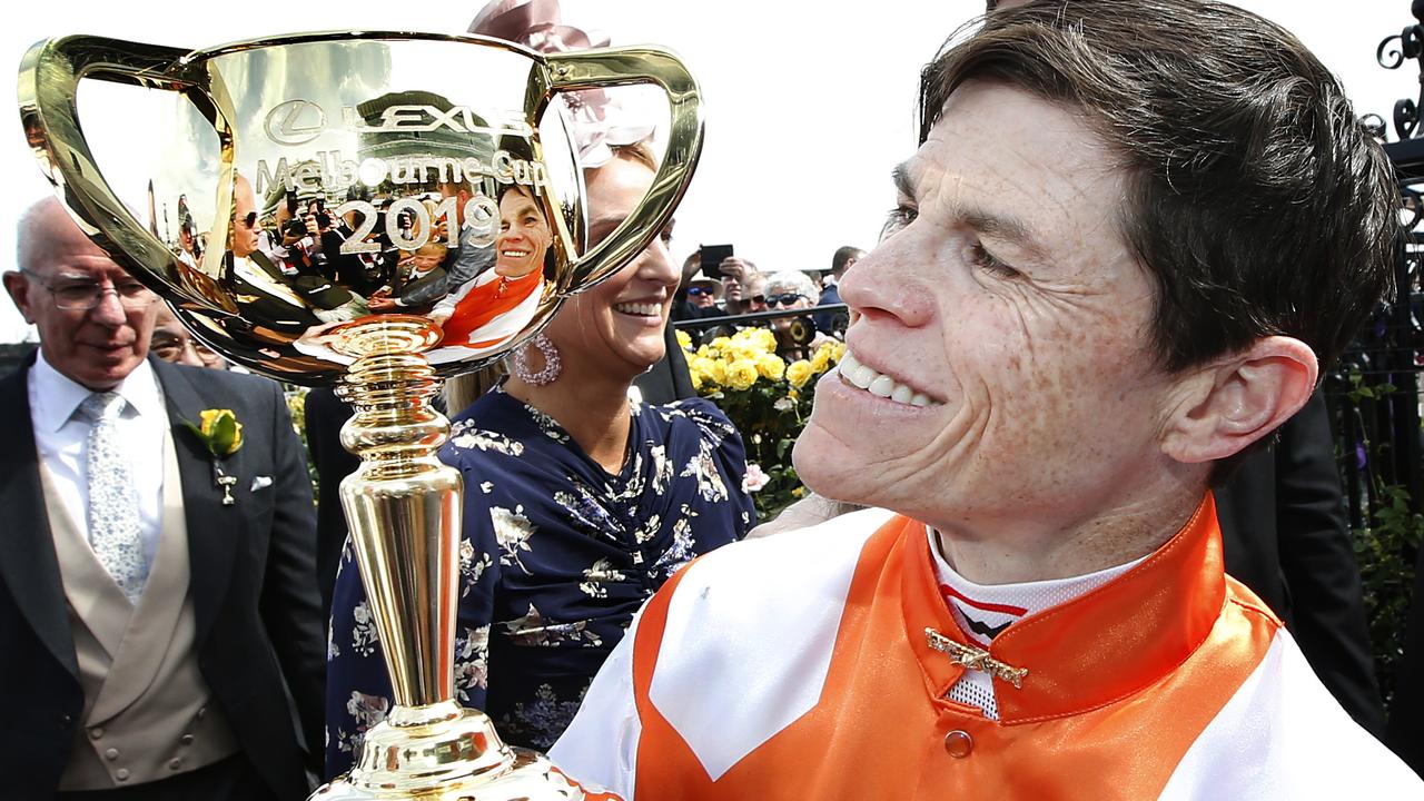 2019 Melbourne Cup. Main race. Winning Jockey Craig Williams on Vow And Declare, holds the Melbourne Cup finally in his hands.          Picture: David Caird