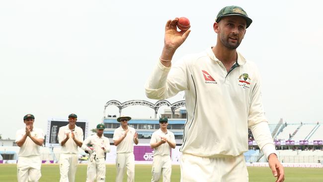 Australian spinner Nathan Lyon leaves the field on Tuesday after taking seven wickets in the second Test against Bangladesh.