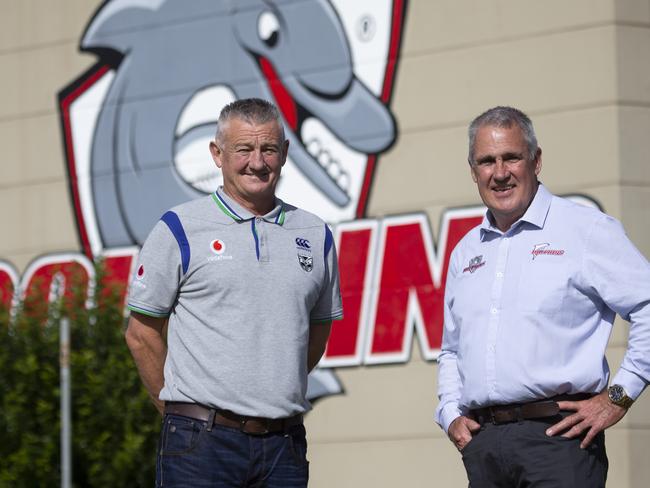 Mark Robinson and Tony Murphy pose for a photograph at the Dolphins Stadium, Redcliffe, Wednesday June 10, 2020. Redcliffe Dolphins have signed a new NRL contract with NZ Warriors. (AAP/Image Sarah Marshall)