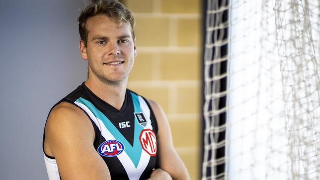 AFL Port Adelaide Player Jack Watts poses for a portrait at the Port Adelaide Football Club in Adelaide, Wednesday, February 26, 2020. (AAP Image/Kelly Barnes) NO ARCHIVING