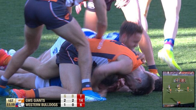 Toby Greene was last week sent straight to the tribunal for this incident involving Western Bulldog Marcus Bontempelli.