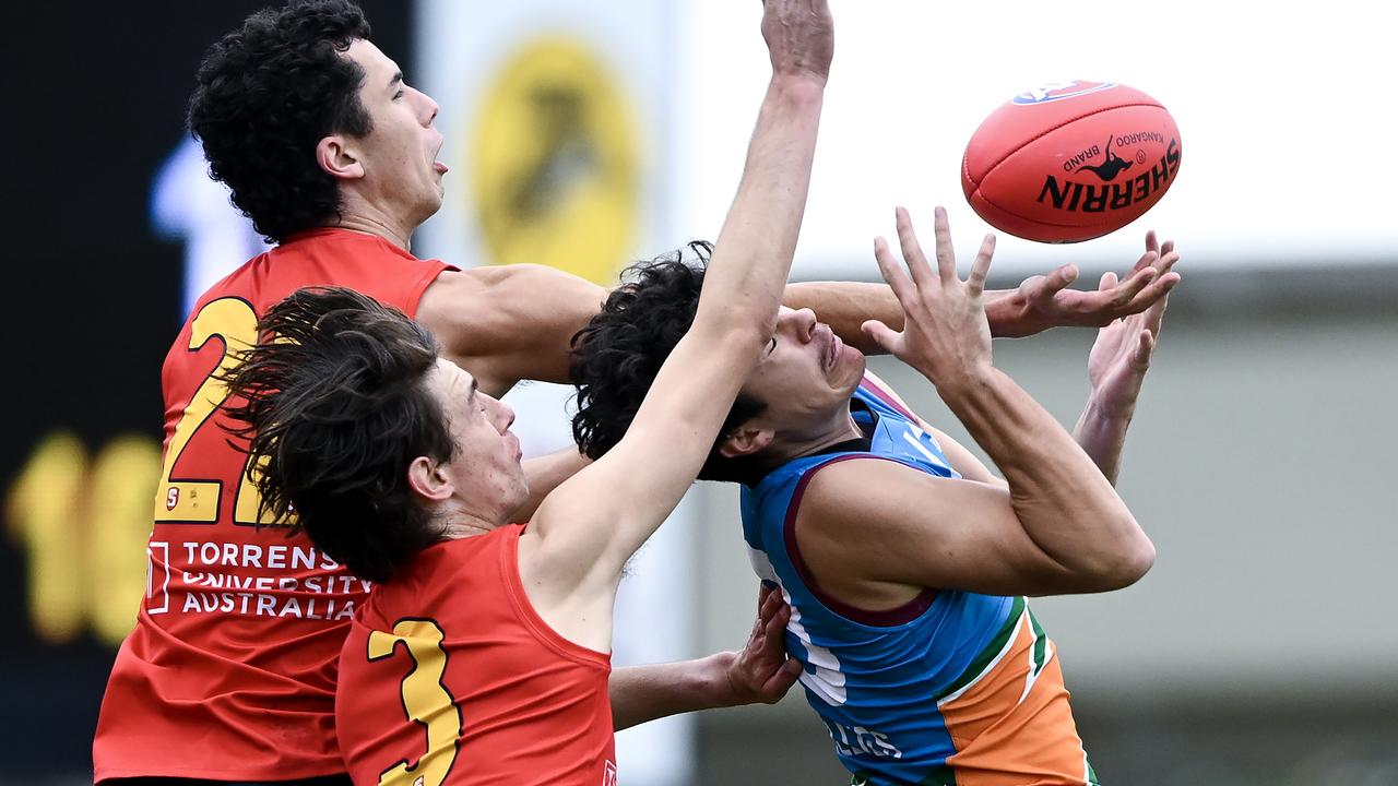 Callum Fairall (No. 3) gets a fist in to spoil the Allies’ Jack Callinan while representing South Australia at this year’s AFL under-18 national championships. Picture: Mark Brake/AFL Photos/via Getty Images