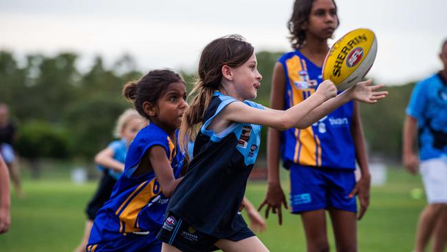 Under-10s compete in the first Darwin Buffaloes NTFL home game against Wanderers at Woodroffe Oval. Picture: Pema Tamang Pakhrin