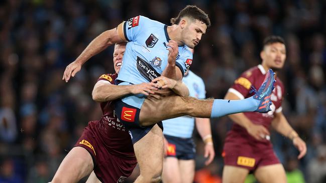 The Maroons hit Nathan Cleary at every opportunity. Picture: Cameron Spencer/Getty