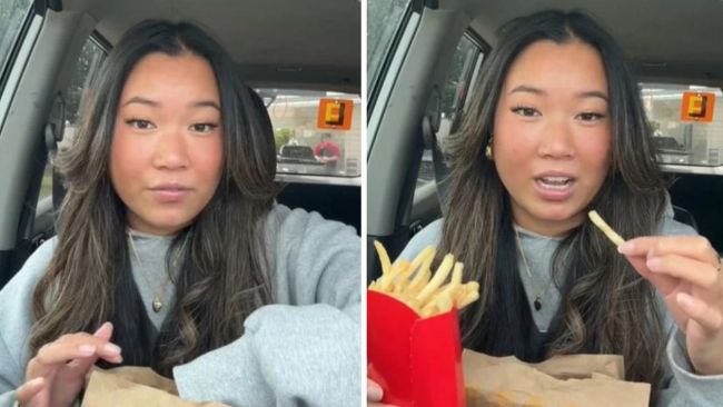 The former worker says your fries will never taste the same with this trick. Images: TikTok / @rubyguestt 