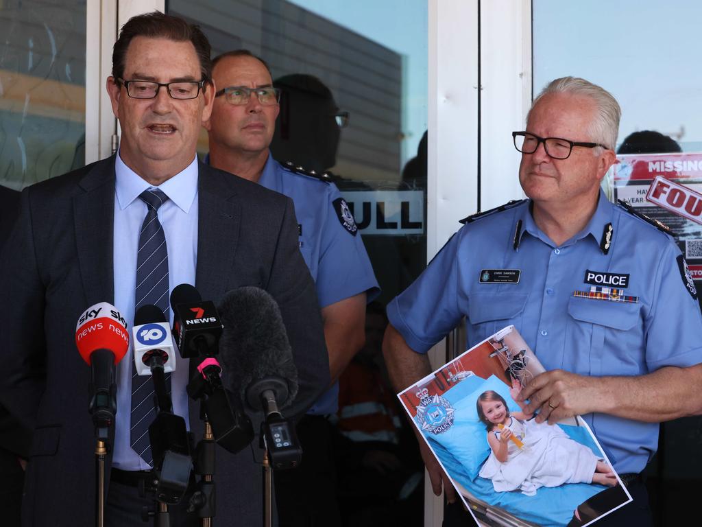 Det Insp Rod Wilde with Police Commissioner Chris Dawson after Cleo was found. Picture: Colin Murty