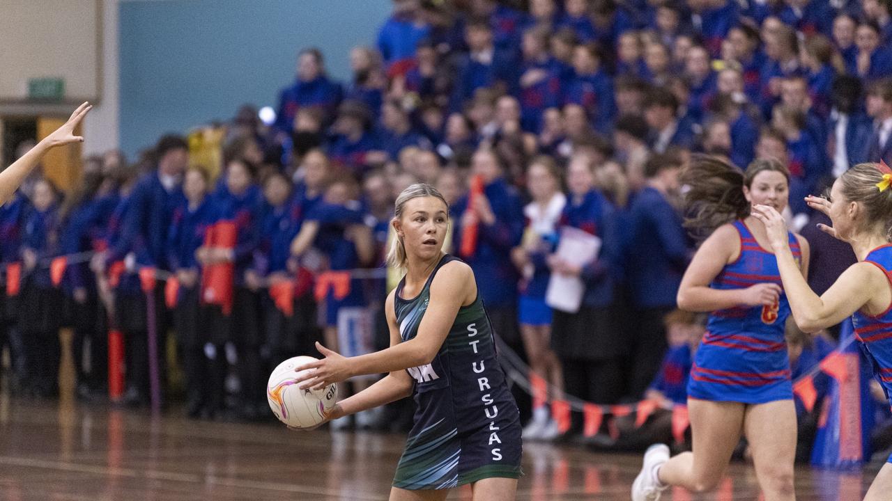 Haylee Doherty of St Ursula's Senior A against Downlands First VII in Merici-Chevalier Cup netball at Salo Centre, Friday, July 19, 2024. Picture: Kevin Farmer