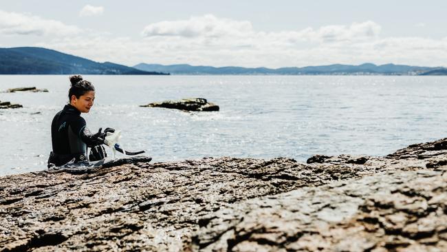 Tasmanian chef and author Analiese Gregory shore diving at Fossil Cove, Blackmans Bay. Picture: ADAM GIBSON