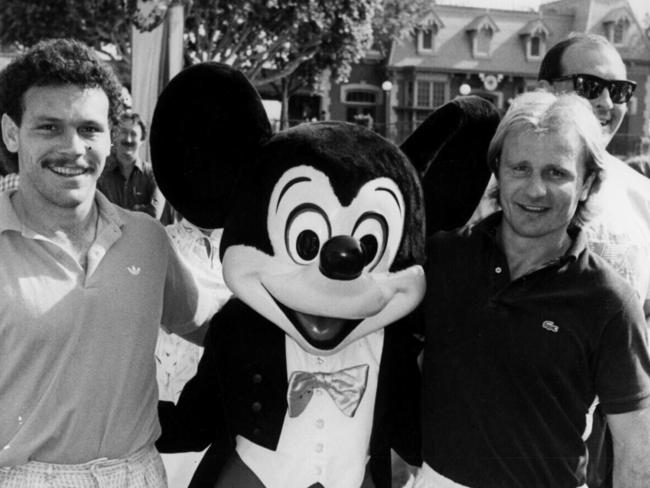 Cliff Lyons and Peter Sterling with Mickey Mouse in 1987.