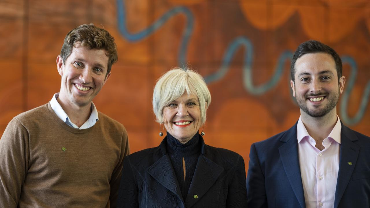 Queensland Greens Max Chandler-Mather (Griffith), Elizabeth Watson-Brown (Ryan) and Stephen Bates (Brisbane) at Parliament House, Canberra. Picture: NCA NewsWire / Martin Ollman