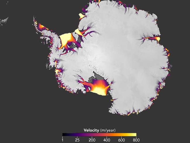 The flow of Antarctic ice, derived from feature tracking of Landsat imagery. Picture: NASA Earth Observatory