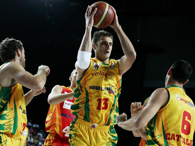 Aussie hoops legend Chris Anstey had 22 points for the Aussies against the World in the 2005 NBL All-Star game — the locals smashed the imports 151-116. Picture: AAP