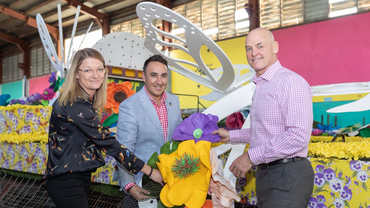 Announcing the Carnival of Flowers Parade grant recipients (from left) Julie Thompson, Grand Central Shopping Centre with Cr James O'Shea from Toowoomba Regional Council and Andrew Fox from Heritage Bank.